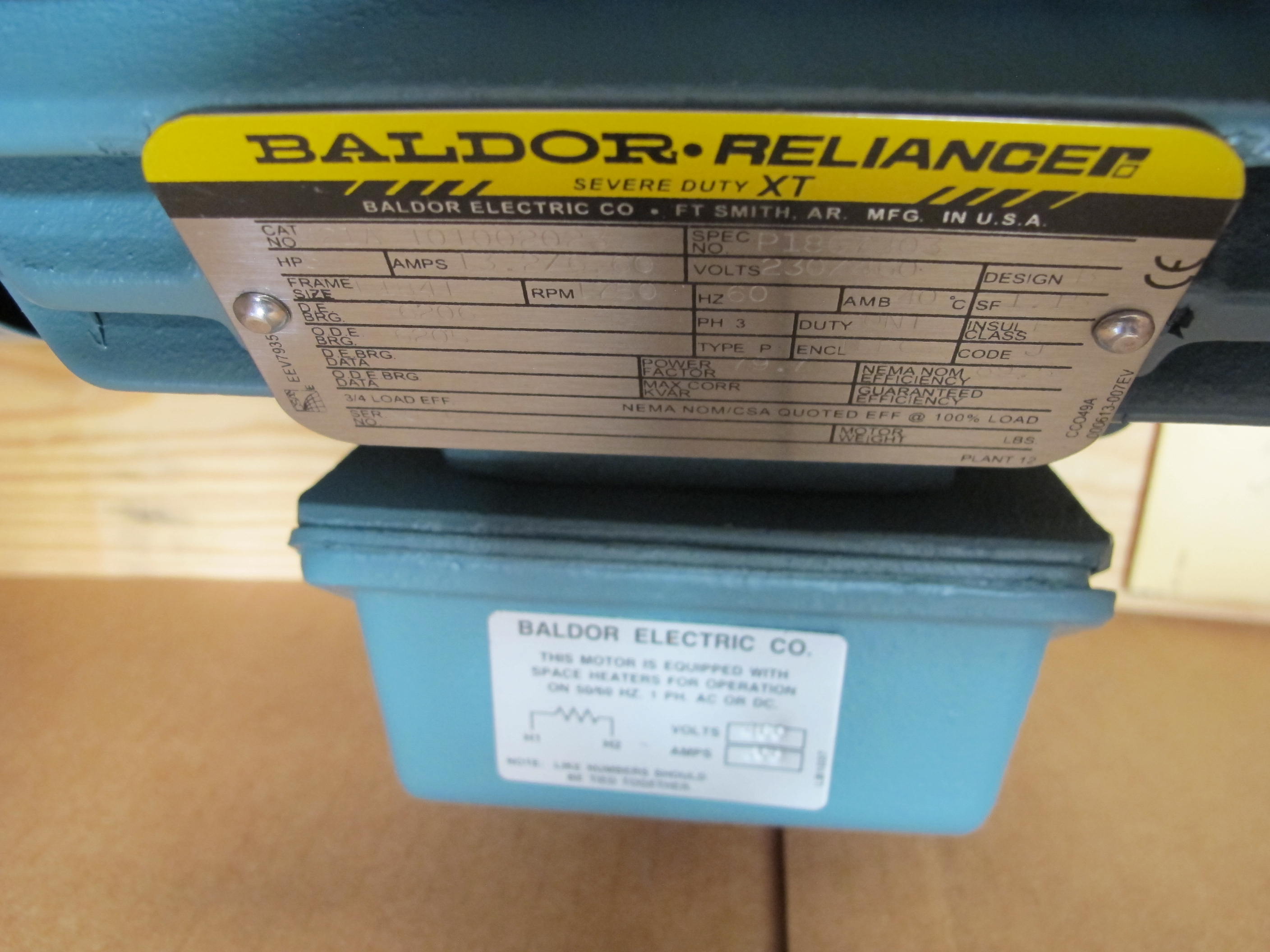 MOTOR, ELECTRIC TYPE, 5 HORSEPOWER, 460VAC 3PH 60HZ ELEC RATING, 1800 (RATED) RPM, 184T FRAME, FLA 6.60 AMPS, TEFC ENCLOSURE, CONTINUOUS DUTY, 1.15 SERVICE FACTOR, 1-1/8" KEYED(1/4") SHAFT. MOTOR SHALL BE EQUIPPED WITH 20 WATT,480V SPACE HEATER. THE MOTOR MUST BE NEMA DESIGN B, CODE J. PART # P18G7403-4 (W-44) LOADING & HANDLING FEE $15-